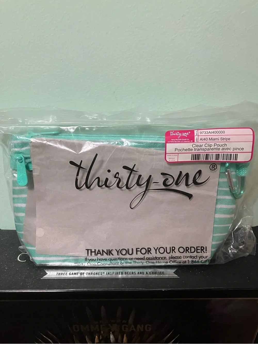 Set/Bundle- Thirty-One Tropical Pineapple Storage Bin & Striped Pouch